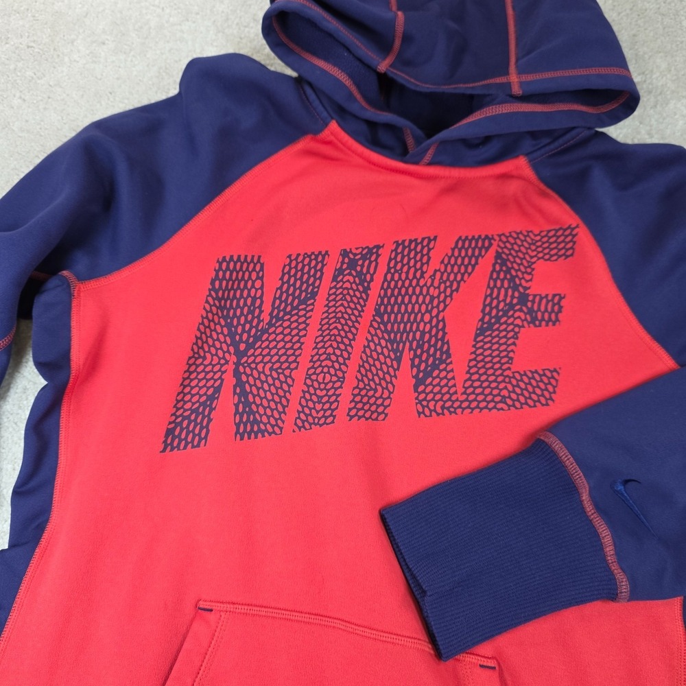 Nike Hoodie Womens M Blue Pink Therma Fit Fleece Kangaroo Pocket Activewear Logo